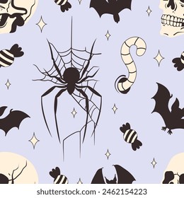 Modern seamless pattern for Halloween. Pattern with skulls, spiders and cobwebs, ghosts, candies, bats. Happy Halloween. Fearless seamless pattern with stars and Halloween elements. Vector