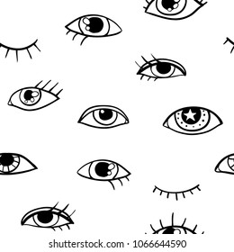 Modern seamless pattern with hand drawn eyes. Black outline vector eye doodle seamless pattern