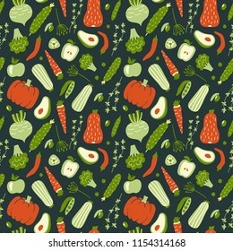 Modern seamless pattern with hand drawn green and red vegetables. Vector wallpaper. Good for printing.