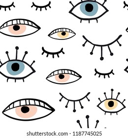 Modern seamless pattern with hand drawn eyes on white. Black outline vector eye doodle seamless pattern. Simple minimalist design