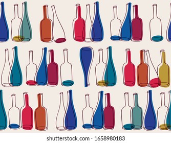 Modern seamless pattern with hand drawn bottles of wine glasses. Background for restaurant, bar menu, party, alcohol drinks, wrapping paper, textile, wallpapers and scrapbook. Vector illustration.