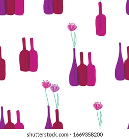 Modern seamless pattern with hand drawn bottles and flowers for textile, fabric manufacturing, wallpaper, covers, surface, gift wrap, scrapbooking. Vector.