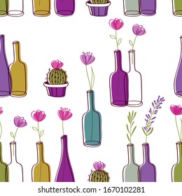 Modern seamless pattern with hand drawn bottles and flowers for textile, fabric manufacturing, wallpaper, covers, surface, gift wrap, scrapbooking. Vector.