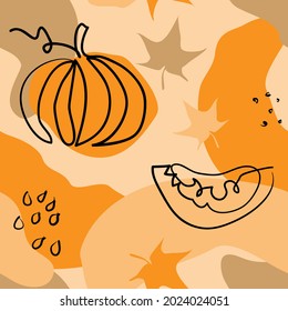 Patrón moderno sin costuras con calabaza dibujada a mano y hojas. Fondo del collage de arte contemporáneo otoñal.
