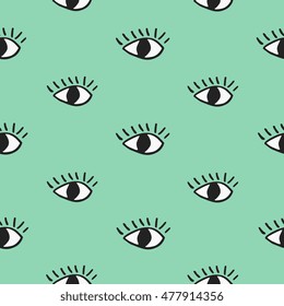 Modern seamless pattern with hand drawn eyes on green background.