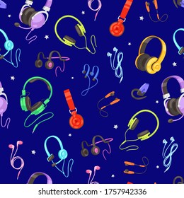 diseño moderno y transparente con auriculares, equipo de audio escuchando música, nuevas tecnologías, ilustración vectorial de estilo de dibujos animados. altavoces estéreo de buen volumen, entretenimiento con DJ, auriculares móviles de diseño.