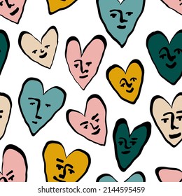 Modern seamless pattern with heart characters with smiling faces. Abstract Valentine's Day romantic background with colorful hearts. Vector repeat illustration.