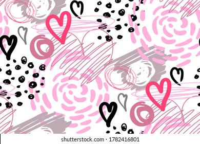 Modern Seamless Pattern With Hearts For The Design Of Surfaces And Fabrics For Children And Teenagers In Vector On A White Background