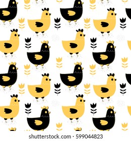 Modern seamless pattern with hens and flowers in yellow and black for textile, wrapping paper, scrapbook