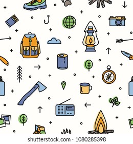 Modern seamless pattern with hiking and touristic equipment and tools for camping trip on white background. Tourism and adventure travel. Colorful vector illustration in trendy line art style