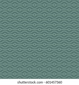Modern seamless pattern. Horizontal arrangement of geometric shapes. Repeating abstract background. Small circles and wavy linear grid. Graphic backdrop. Vector graphic template.