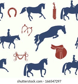 Modern seamless pattern with horses and horse equipment drawn in vector. Perfect horseback riding texture made in vector.
