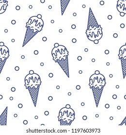 Modern seamless pattern with ice cream in wafer, waffle or sugar cone drawn with contour lines on white background. Vector illustration in linear style for wrapping paper, fabric print, wallpaper.