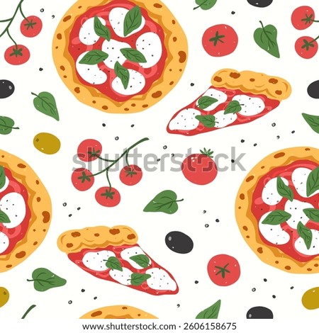 Modern seamless pattern with italian pizza and various ingredients. Pizza Margherita and pieces with tomato, cheese mozzarella, basil and olives. Hand drawn vector illustration.