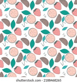modern seamless pattern with juicy strawberries and outline elements