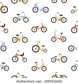 Modern seamless pattern with kids bicycles of various types. Colorful backdrop with bikes for children. Vector illustration in flat cartoon style for wrapping paper, textile print, wallpaper