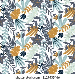 Modern seamless pattern with leaves and floral elements. Autumn pattern design. Good for printing. Vector wallpaper. 