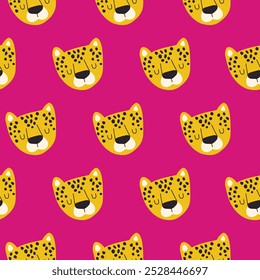 Modern seamless pattern with leopard heads on a pink background. Colourful design with animals. Pattern for fabric, textiles, notepads and wrapping paper.