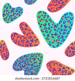 Modern seamless pattern with leopard heart shapes in bright colors. Trendy romantic repeated design. Colorful leopard hearts. Valentine background for cards, fashion prints, packaging, textile.