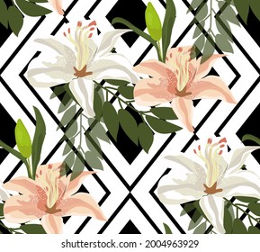 Modern seamless pattern with lily flowers buds and leaves on black and white geometric background.