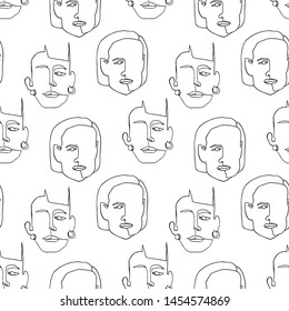 Modern seamless pattern with linear abstract woman face. Continuous line art. One line drawing. Minimalist graphic.  