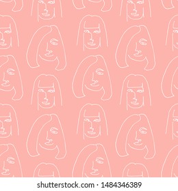 Modern seamless pattern with linear abstract woman face. Continuous line art. One line drawing. Minimalist graphic.  