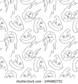 Modern seamless pattern with linear abstract woman face. Continuous line art. One line drawing. Minimalist graphic.  