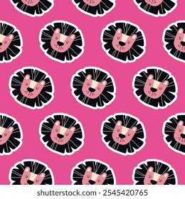 Modern seamless pattern with lion heads on a pink background. Colorful design with animals. Pattern for fabric, textiles, notepads and wrapping paper.