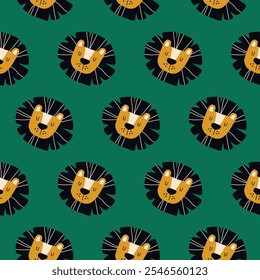 Modern seamless pattern with lion heads on green background. Colorful design with animals. Pattern for fabric, textiles, notepads and wrapping paper.
