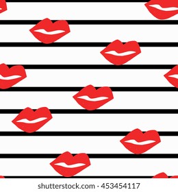 Modern seamless pattern with lips in red on striped background.