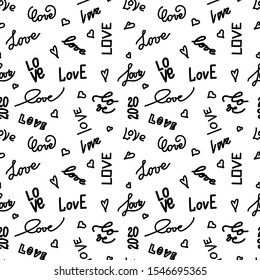 Modern seamless pattern with love lettering. Vector print, typography, poster. Black inscription on a white background. Textiles, packaging, banner. Art line, Doodle.EPS10