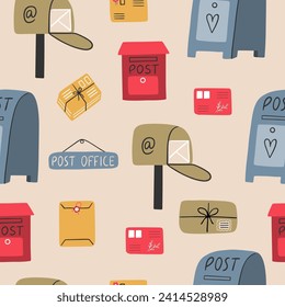 Modern seamless pattern with mailboxes of different shapes and postal letters. Vector background. 