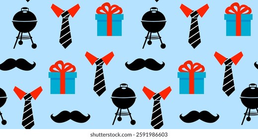 modern seamless pattern for man with gifts mustache ties and grill in modern playful design on blue background for textile web decorations father's day