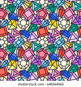 Modern seamless pattern with many jewels, colorful vector illustration in trendy colors 90 style