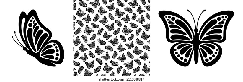 Modern seamless pattern of monarch butterfly shapes on white background for decoration design. Closeup design element black butterfly. Side view vector icon