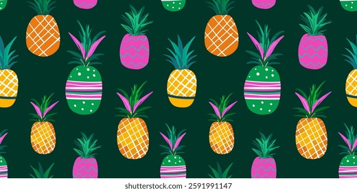 modern seamless pattern multicolored doodle-style painted pineapples for web design decoration textile isolated dark green emerald background retro summer tropical 