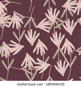 Patrón moderno sin fisuras con siluetas de flores naturales. Ornamento claro sobre fondo púrpura pálido. Impresión vectorial plana para textiles, tela, giftwrap, papel pintado. Ilustración sin fin.