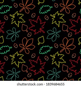 Modern seamless pattern with neon autumn leaves, drawn colorful outlines on black background. Vector illustration for wrapping paper, textile print