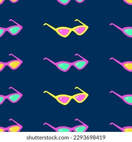 Modern seamless pattern with neon sunglasses on blue background. Hand drawn minimalism vector illustration for  stylish cover, cases, tropical wallpaper, prints, wrapping, textile