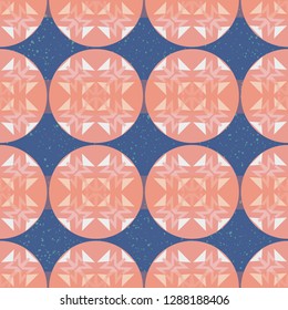 Modern seamless pattern with a nod to quilting. Circles of coral and blush in geometric design repeat on hand drawn textured background. Folksy and trendy,  for textiles, paper, stationery and home. 