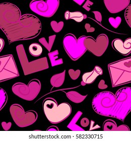 Modern seamless pattern on black backdrop. Can be used for wallpaper, pattern fills, web page, fabric, surface textures, gifts, wrapping paper, scrapbook. Magenta and pink hearts, love text and letter