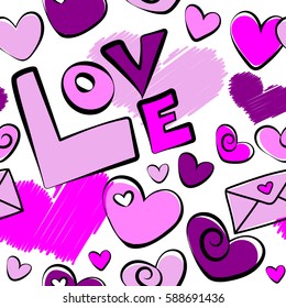 Modern seamless pattern on white backdrop. Can be used for wallpaper, pattern fills, fabric, textile, gifts, wrapping paper, scrapbooking. Pink, purple and magenta hearts, love text and letter.