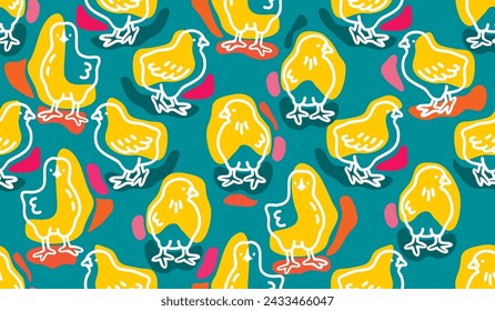 Modern seamless pattern with outline of chicks white color and abstract colorful spots.Vector animal background or texture for printing on fabric and paper.Nursery wall decor,banner template,cover.