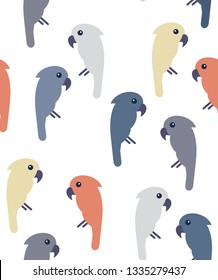 Modern seamless pattern with pastel colored cockatoo birds on white background. Minimal avian wallpaper