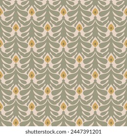 Modern seamless pattern with peacock feathers on soft background for wallpaper design. Minimal geometric backdrop.