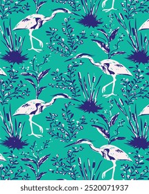 Modern seamless pattern of peonies and cranes in vintage . Abstract art illustration.