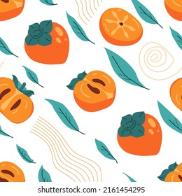 Modern seamless pattern with persimmon fruit, leaves and abstract element. Decor with sweet berry dessert. Repeat ornament on white background for autumn harvest festival. Vector isolated illustration