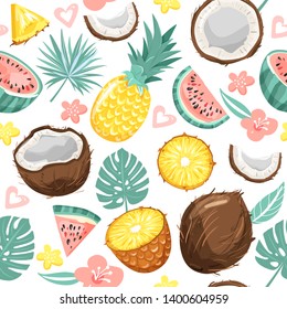 Modern seamless pattern with pineapple, coconut,  watermelon, flowers, leaves and heart. Summer vibes. Vector texture for textile, postcard, wrapping paper, packaging etc. Vector illustration.