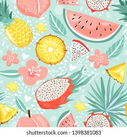 Modern seamless pattern with pineapple, dragon fruit, watermelon, peach, flowers, leaves and heart. Summer vibes. Vector texture for textile, wrapping paper, packaging etc. Vector illustration.