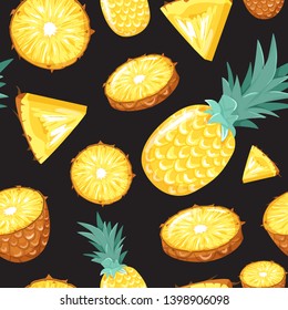 Modern seamless pattern with pineapple and slices. Summer vibes. Vector texture for textile, postcard, wrapping paper, packaging etc. Vector illustration on black background.
